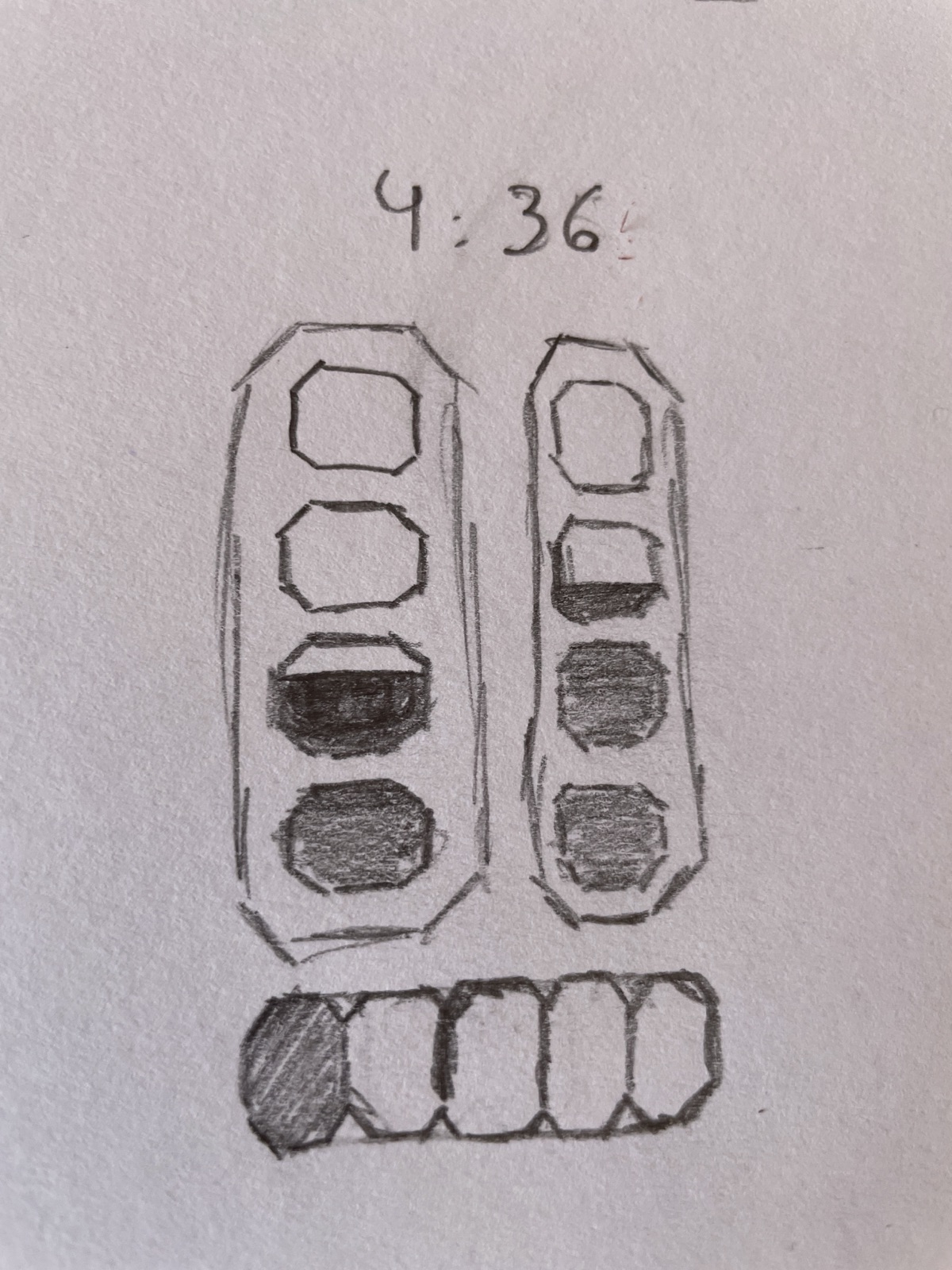 Pencil sketch of two block columns reading 4:36