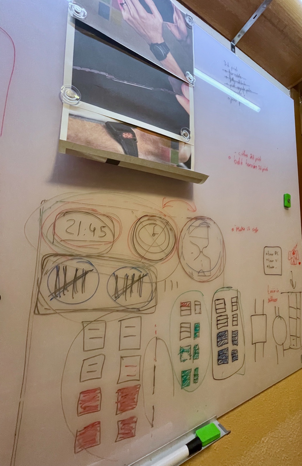 Whiteboard with clock representations sketched and a 3d-print to-do list