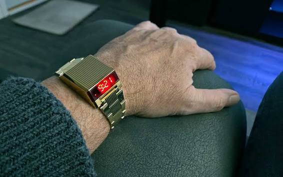 A 1976 Bulova Computron LED driver's watch, trapezoid case, red digits on the slanted face
