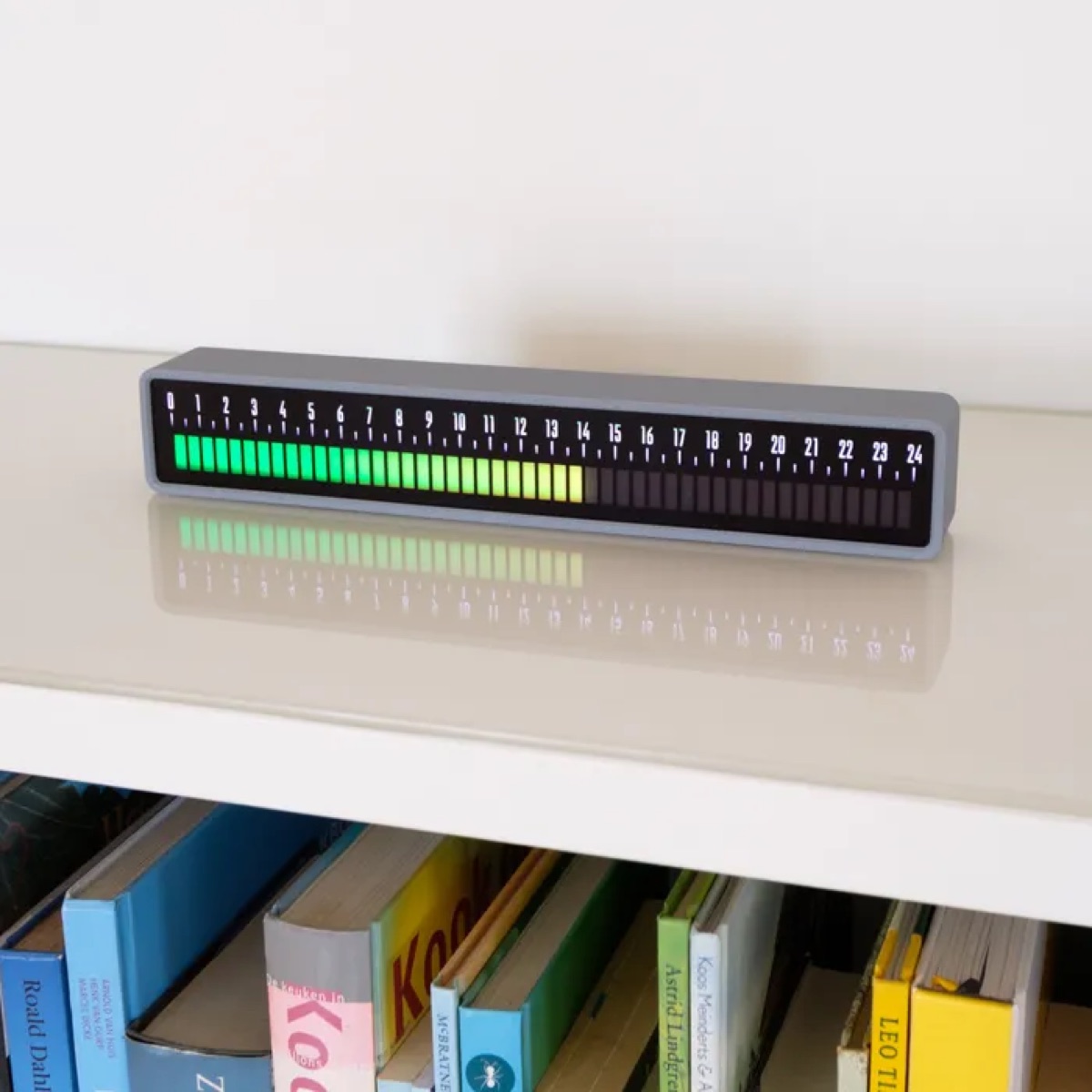 The Daylight Machines linear clock: a shelf object showing the day as a bar of lit blocks