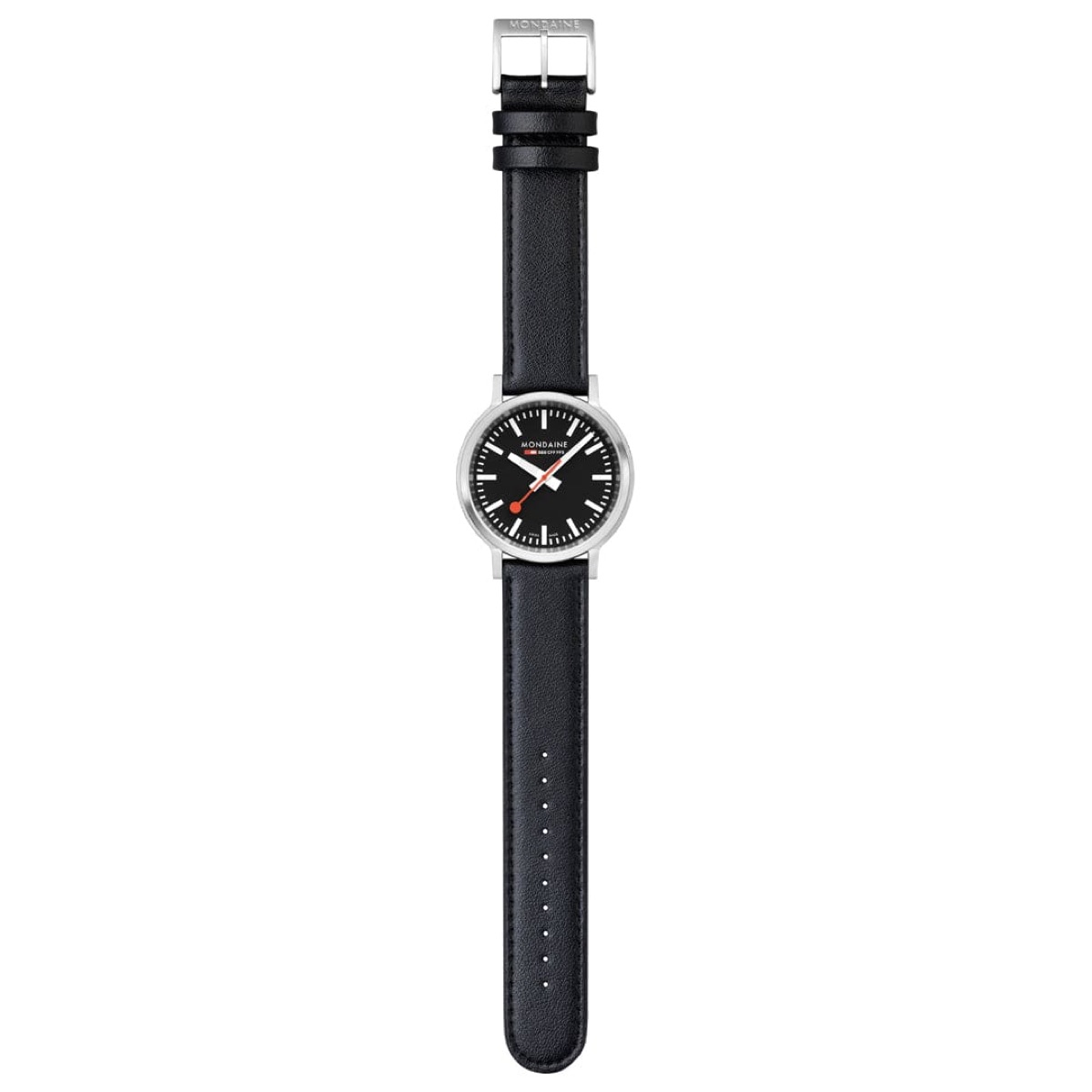 A Mondaine stop2go wristwatch, the red lollipop second hand at twelve