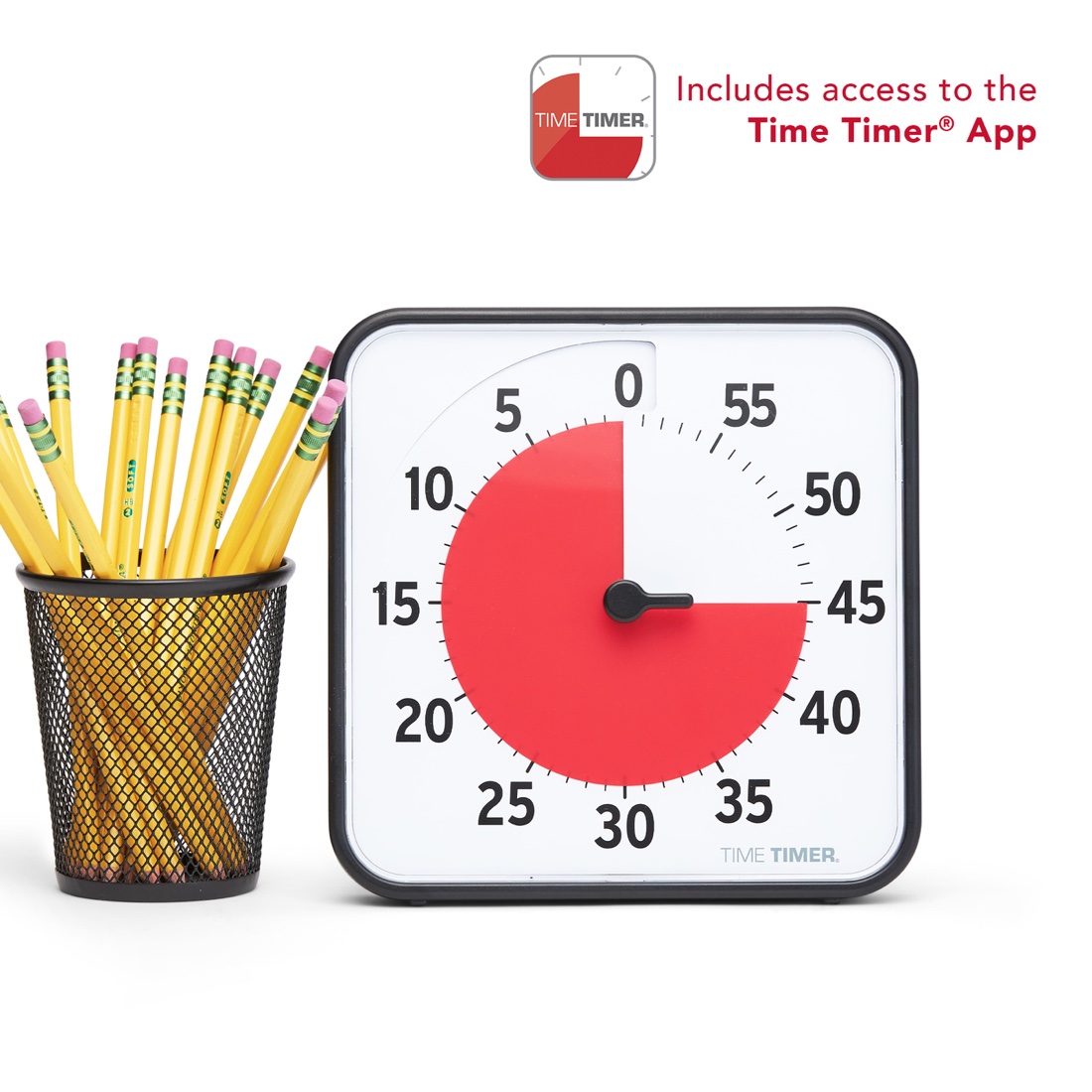 A Time Timer: white clock face with a red disc marking the remaining span
