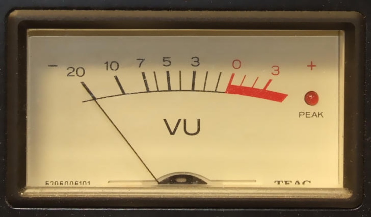 An analog VU meter, needle over the printed scale
