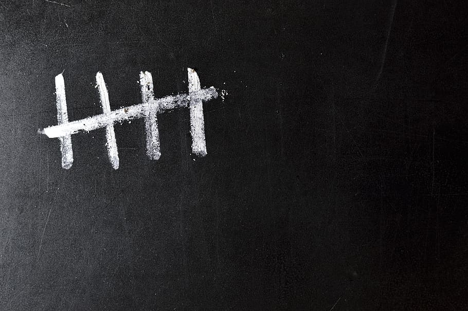 Tally marks counting days, scratched in groups of five